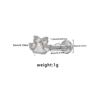 Cat paw labret stud in silver metal with clear cubic zirconia and size dimensions