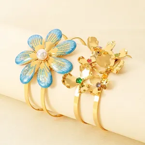 Flower Open Bangle Bracelet Stainless Steel Enamel Artificial Pearl Multi Color Rhinestone Double Layer Luxury Hand Jewelry Women