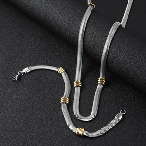 Minimalist 6mm silver flat snake chain necklace with gold ring beads on leather