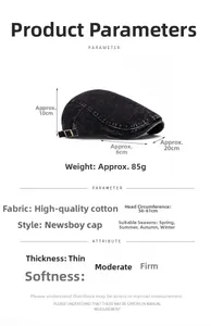 Detail view of cotton newsboy cap with dimensions and adjustable metal buckle