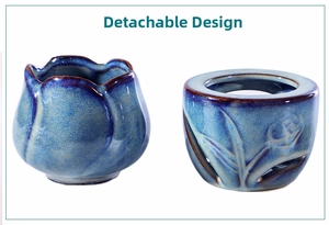 Detail of blue glazed ceramic tulip oil burner featuring a practical split design