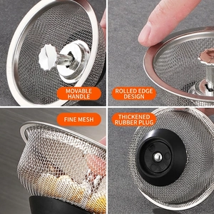 Stainless steel kitchen sink strainer with mesh filter, lifting handle and rubber plug