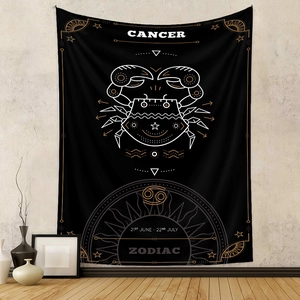 Close-up of black Cancer zodiac tapestry with gold print for wall decor