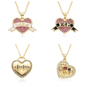 Mother's Day Heart Pendant Necklace Gold Copper Rhinestone MOM Letter Heartbeat Pattern Fashion Jewelry Gift For Women