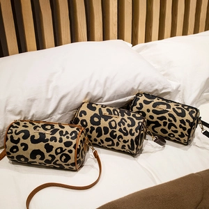 Leopard Print Cylinder Crossbody Bag PU Leather Canvas Trim Vintage Style Shoulder Handbag Women Fashion