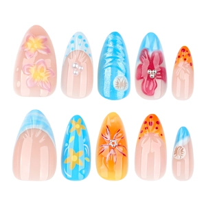 3D tropical floral short almond press-on nails with 10pcs gradient flower designs