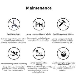 Maintenance guide for titanium steel jewelry showing icons for care and protection