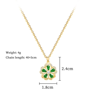 Detailed view of titanium steel necklace with green flower pendant and size dimensions