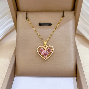 Heart Pendant Necklace Stainless Steel Chain Copper Pink Cubic Zirconia Faux Artificial Pearl Luxury Elegant Aesthetic Women Jewelry