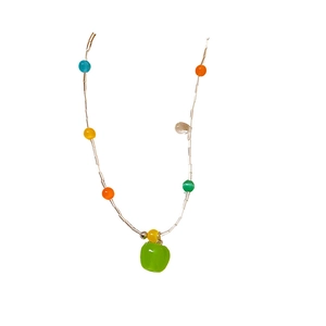 Colorful crystal beaded necklace with green apple pendant and silver chain for summer