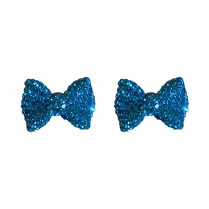 Elegant silver needle bow earrings with pavé blue crystals and emerald glass beads