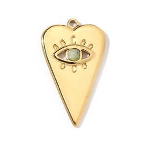 Detailed close-up of golden heart pendant with green gem eye motif for jewelry making