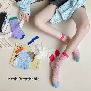 Chaussettes Femmes Mélange Coton Évidé Maille Respirant Couleur Contrastée Absorbant La Transpiration Style Japonais Mode