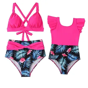 Maillots De Bain Assortis Maman Et Moi Imprimé Tropical Bikini Licou Taille Haute Maillot À Volants Nylon Spandex Plage
