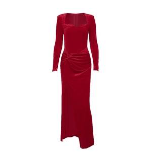 Elegant red velvet long-sleeve evening gown with square neckline and high side slit
