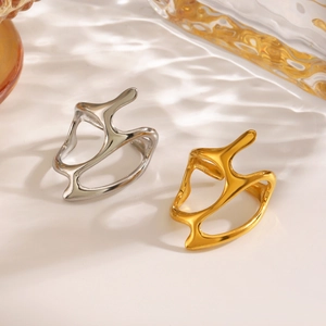 Minimalist irregular geometric open rings in gold and silver with polished mirror finish