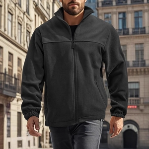 Detail of men's black fleece jacket featuring a high collar and full zipper closure