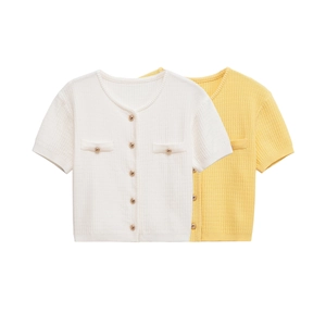 Women Short Sleeve Knit Cardigan Round Neck Ribbed Elegant Sweater Top With Gold Buttons
