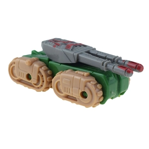 Detail view of dark green toy tank with khaki tracks and dual gray gun barrels