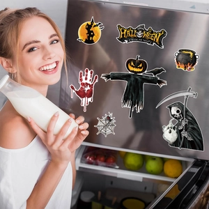 Smiling model opens a fridge decorated with vibrant Halloween gnome and skull magnets