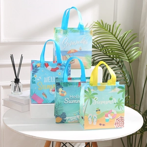 Summer themed reusable non-woven tote bags with colorful beach prints and sturdy handles