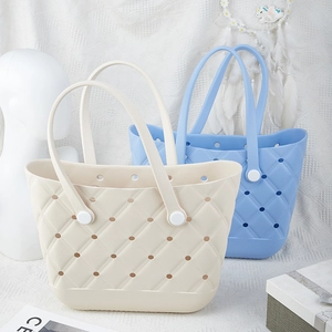 Waterproof EVA beach bag with diamond lattice texture in beige and light blue colors