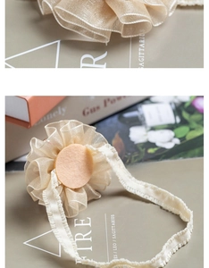 Detail view of the back of champagne organza headband with elastic band and felt base