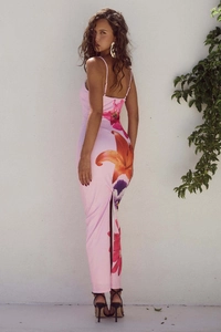 Detail view of pink floral bodycon maxi dress with back slit and thin straps