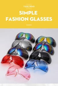 Detailed overview of nine futuristic Y2K wraparound sunglasses in various vibrant colors