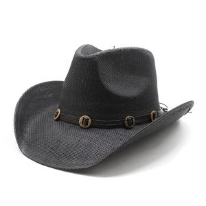 Handwoven black wide brim jazz straw hat with retro buckle belt for sun protection