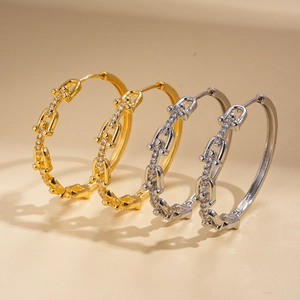 18K gold and silver plated U-shaped chain hoop earrings with sparkling zircon crystals