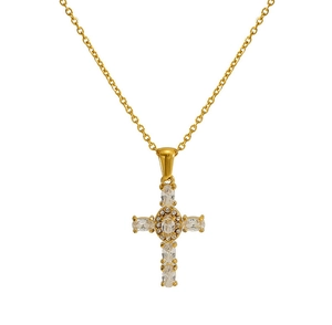 Close-up of gold cross pendant with sparkling zircons on a delicate O-chain