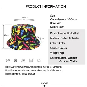 Reversible bucket hat with colorful feather print, outdoor sun protection for men and women