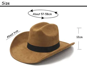 Detailed size guide for brown suede cowboy hat with 9cm brim and 57-58cm circumference