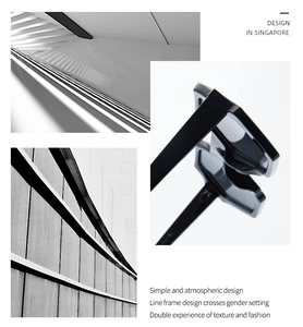 Detail of black geometric sunglasses with thick frames and wide temples in minimalist style
