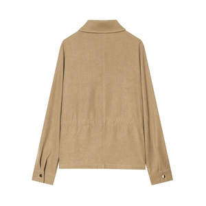Back view of a khaki corduroy jacket with adjustable waist drawstring on white background