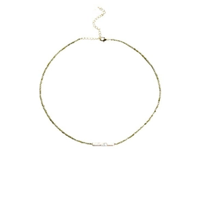 Detail of olive green zircon necklace with baroque pearl bar and adjustable lobster clasp