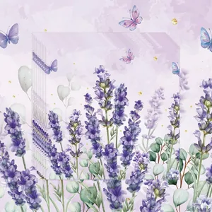 Close-up of stacked lavender floral paper napkins with watercolor butterflies and leaves