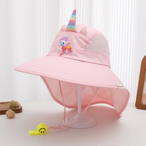 Detailed view of kids sun hat featuring breathable mesh side and protective neck flap