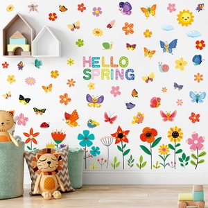 Cartoon Hello Spring wall stickers set with flowers and butterflies for nursery decor