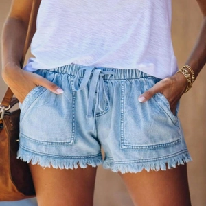 Short En Jean Femme Taille Haute Coton Cordon Élastique Ourlet Effiloché Décontracté Été Gland Distressed Avec Poches