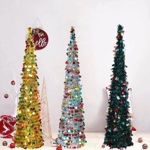 Collapsible sequin Christmas trees in gold silver and green colors for indoor holiday decor