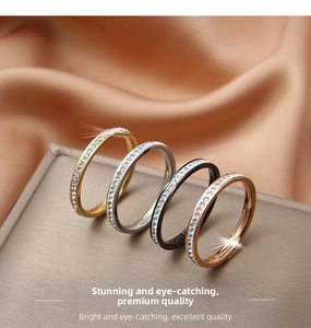 Detail showing four minimalist titanium steel rings with encrusted zircon in four colors