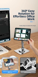 Adjustable aluminum 360-degree rotating tablet stand on a wooden desk with a silver finish