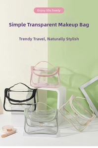 Detail view of four colorful PVC cosmetic bags with metal zippers on tiered display