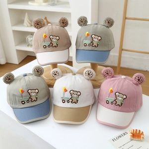 Cute baby baseball caps with 3D bear ears and cartoon embroidery in assorted colors