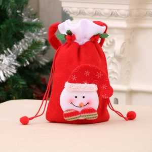 Red Christmas drawstring gift bag featuring a 3D snowman with white fur trim and bells
