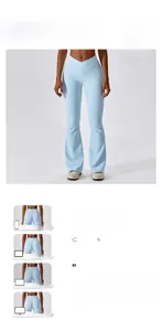 Détail du legging évasé de yoga à taille haute croisée en V et tissu à texture côtelée