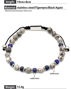 Close-up of beaded bracelet with blue faceted stones, tiger eye beads and steel clasp