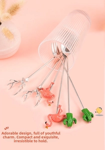 Detailed view of creative stainless steel dessert spoons with elk and cactus toppers